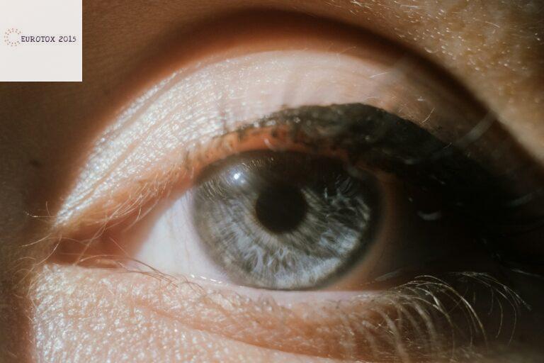 Close-up of a blue human eye with dark eyelashes