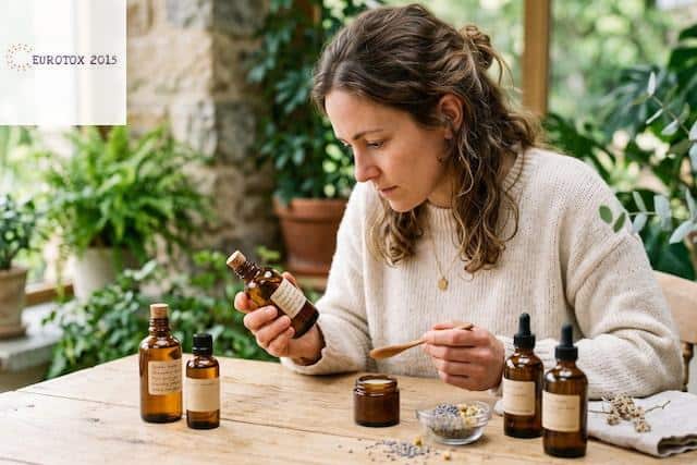 Persona revisando la etiqueta de varios productos naturales de bienestar