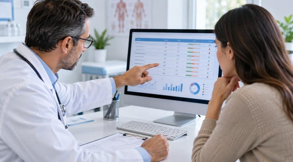 Médico y paciente revisando resultados de una analítica
